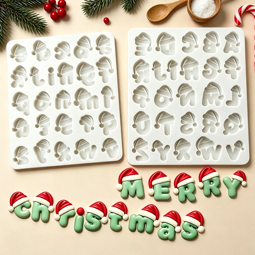 Christmas Santa Hat Alphabet Number Silicone Mold for Sugarcraft Resin Cupcake Baking Fondant Cake Decorating Tools