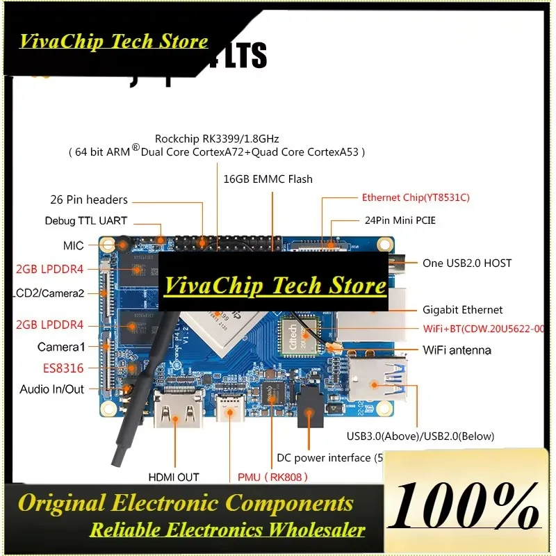 VoFSOrange Pi 4 LTS 4GB LPDDR4 RAM 16GB EMMC Development Board Rockchip RK3399,WiFi+BT5.0,Gigabit Ethernet,Android,Ubuntu,Debia