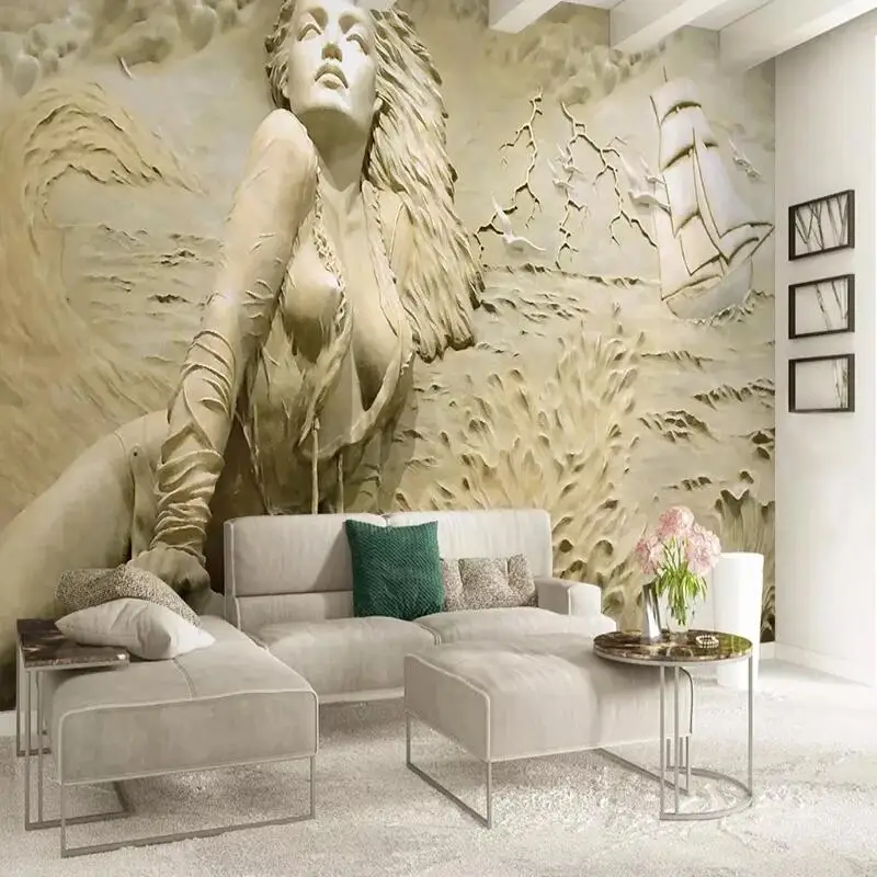 

Custom Wall Mural European Style Golden 3D Relief Seaside Beauty Figure Wallpaper Living Room TV Bedroom Art Home Decor Paper