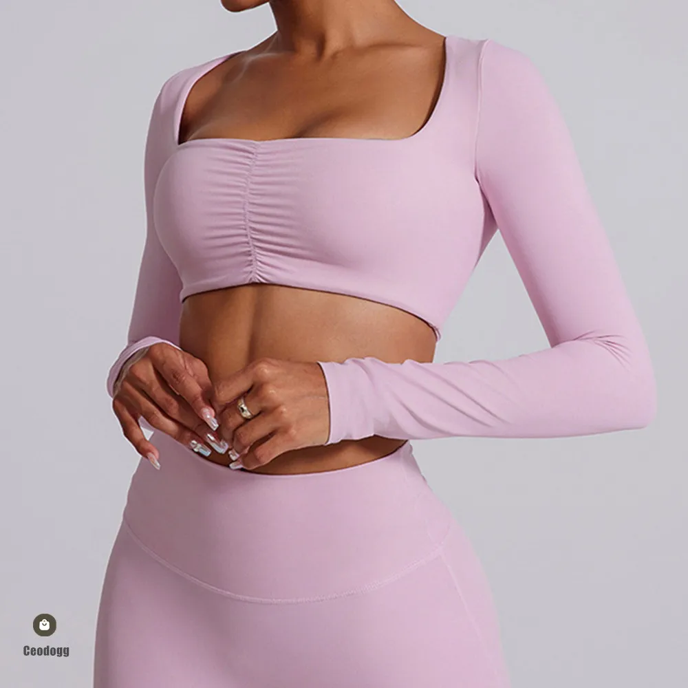

Pad Nude Long Sleeve Yoga Shirt Clothing Stretch Female Outdoor Running Quick Dry Sportswear Women Training Tight Crop Tops XP15