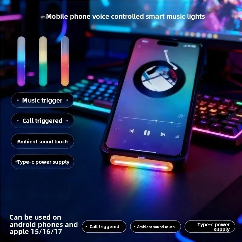 For Android & iPhone 15+, Type‑C Smart Music Sound‑Activated Colorful Gaming RGB Atmosphere Decor Light, Desktop & Car Decor