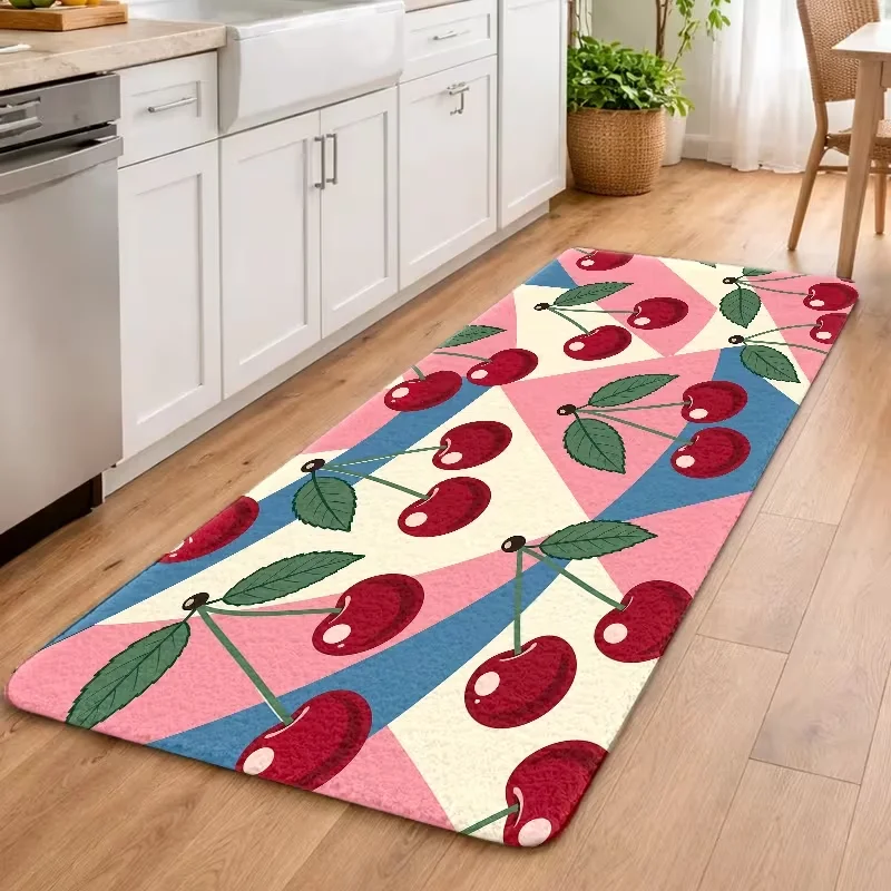 Geometric Cherry Fruit Kitchen Runner Rug Anti Slip Floor Mat Cute Summer Long Hallway Entrance Corridor Home Carpet