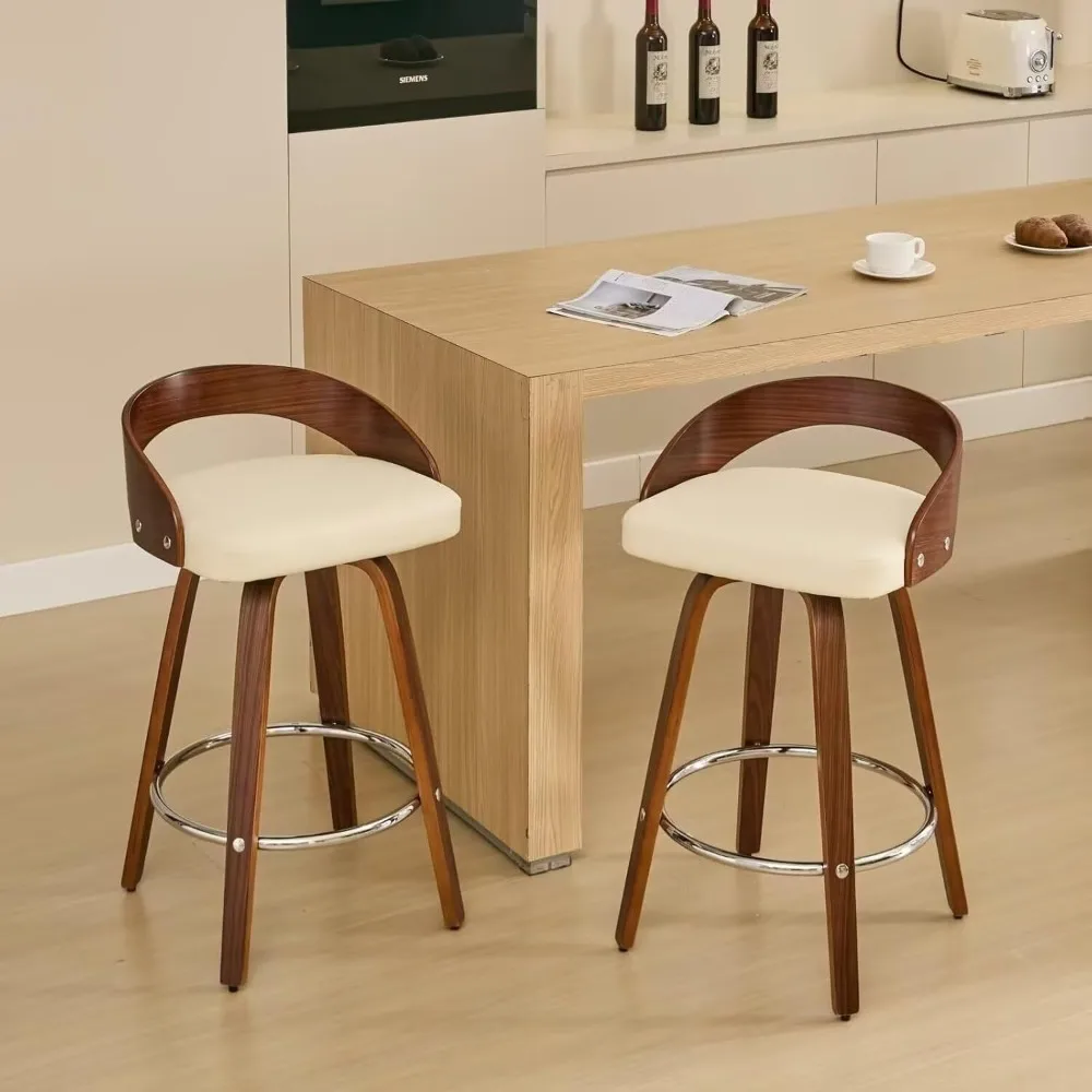 

HMFULE 360°Swivel Mid Century Bar Stools with Low Back Set of 2, Cherry Wooden Bar Stool with Beige PU Upholstered, 26" Counter
