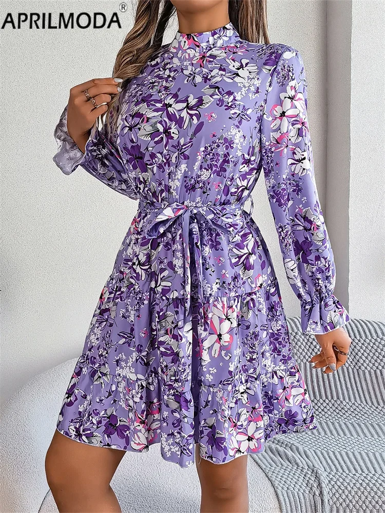 2024 Long Puff Sleeve Floral Print Women Casual Dress  Autumn Winter Ruffle Hem Elegant A Line Swing Runway Birthday Dresses