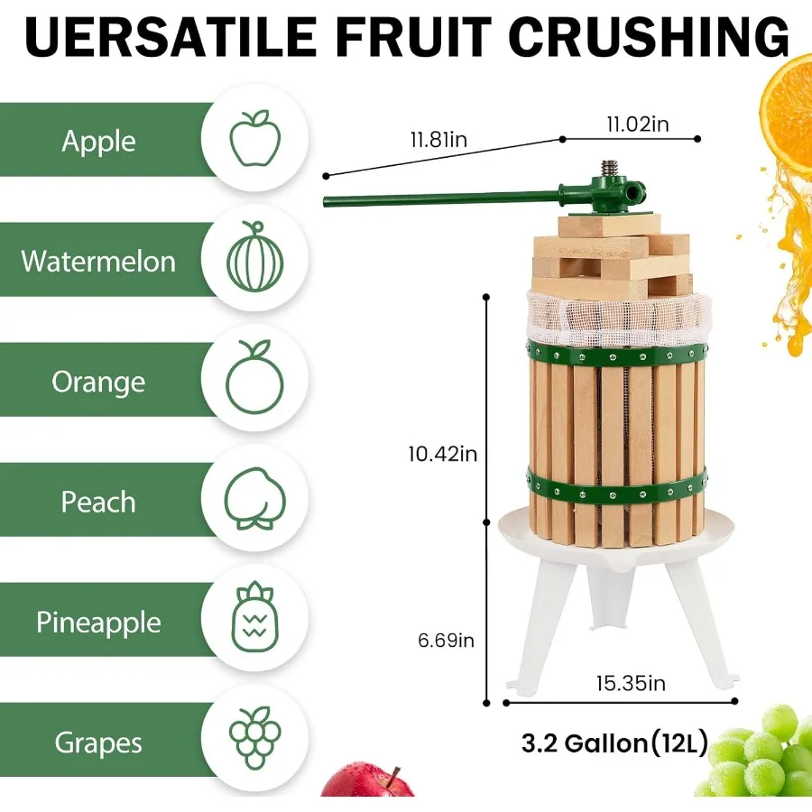 Fruitwijnpers, 3,2 gallon handmatige sapcentrifuge, appel-, druiven- en bessenbreker, 12 liter massief houten mand met 6 blokken, zware veeg