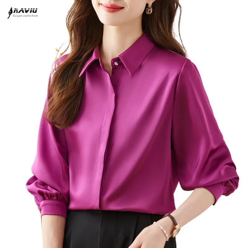 

NAVIU Glossy Slip Satin Shirts Women Long Sleeve Shiny Blouses Female Work Wear Office OL Shirts Formal Fashion Tops