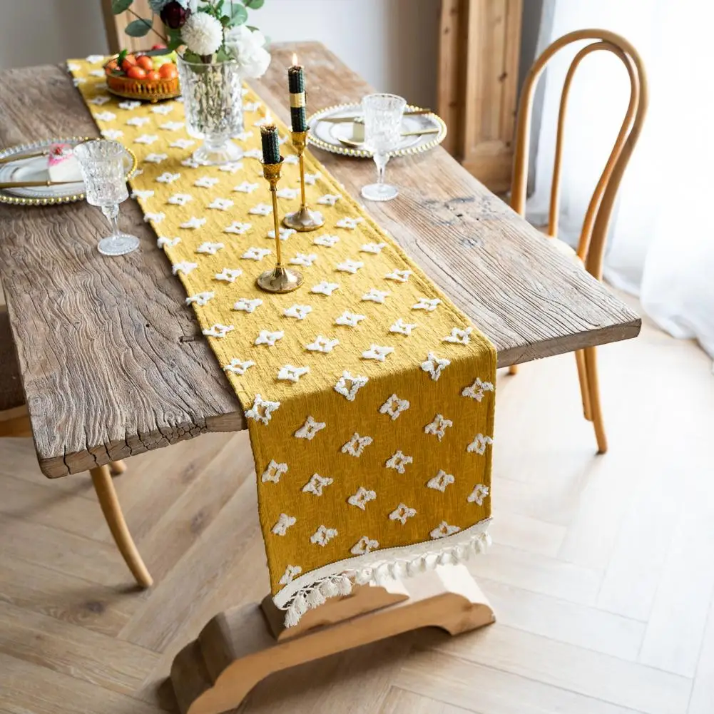Rustic Table Runner Boho Burlap Yellow Table Runner Stain-Resistant Summer Kitchen Dining Table Cloth Party Home Decoration