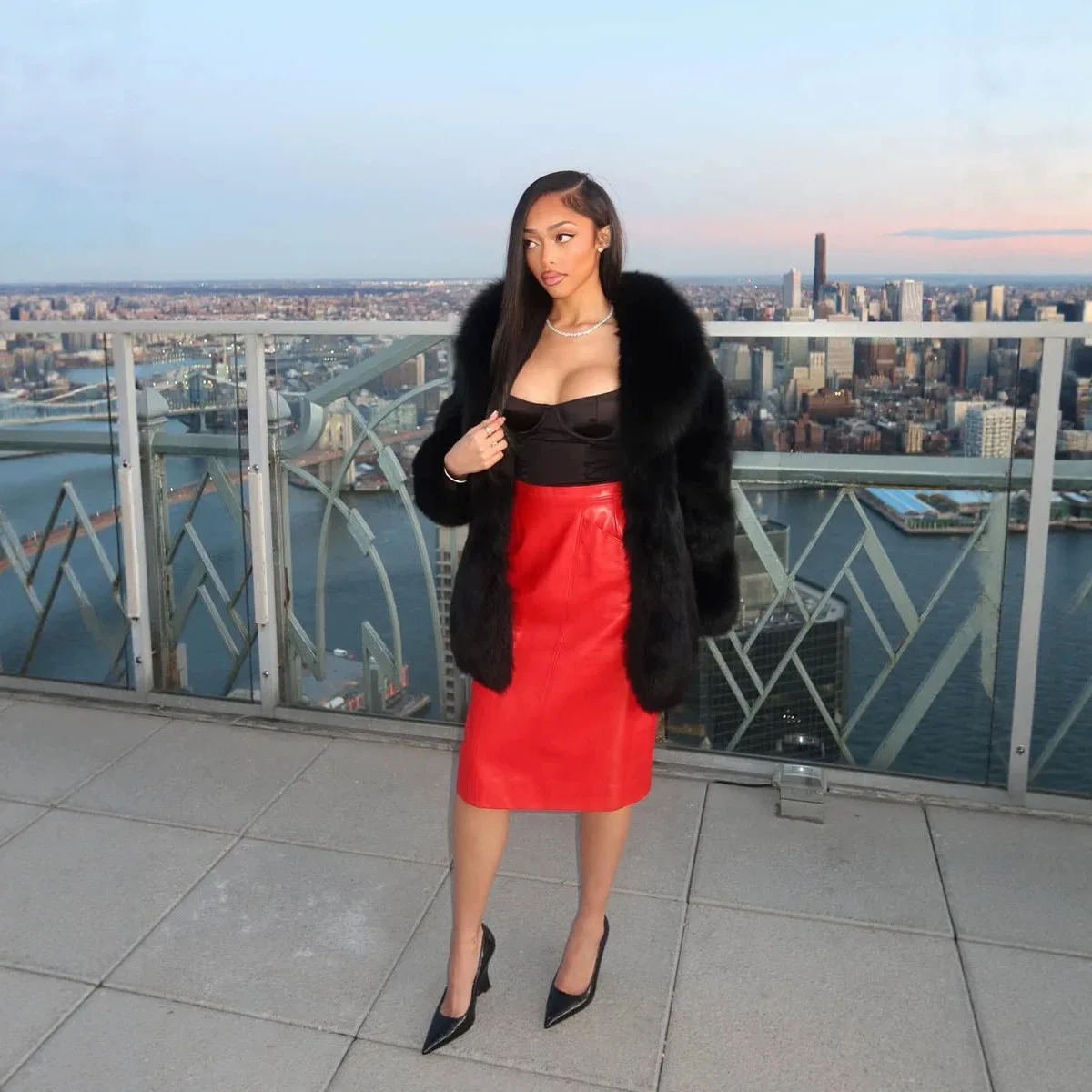 Black Imitation Fox Fur Warm Classic Fashion Elegant Noble Jacket Coat
