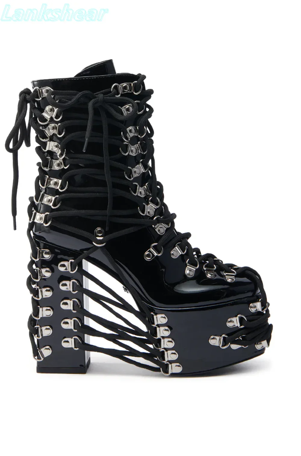 

Черные ботильоны в стиле панк-рок, мотоциклетные ботинки на платформе с металлическим серебром и квадратным носком на шнуровке, на массивном высоком каблуке с боковой молнией