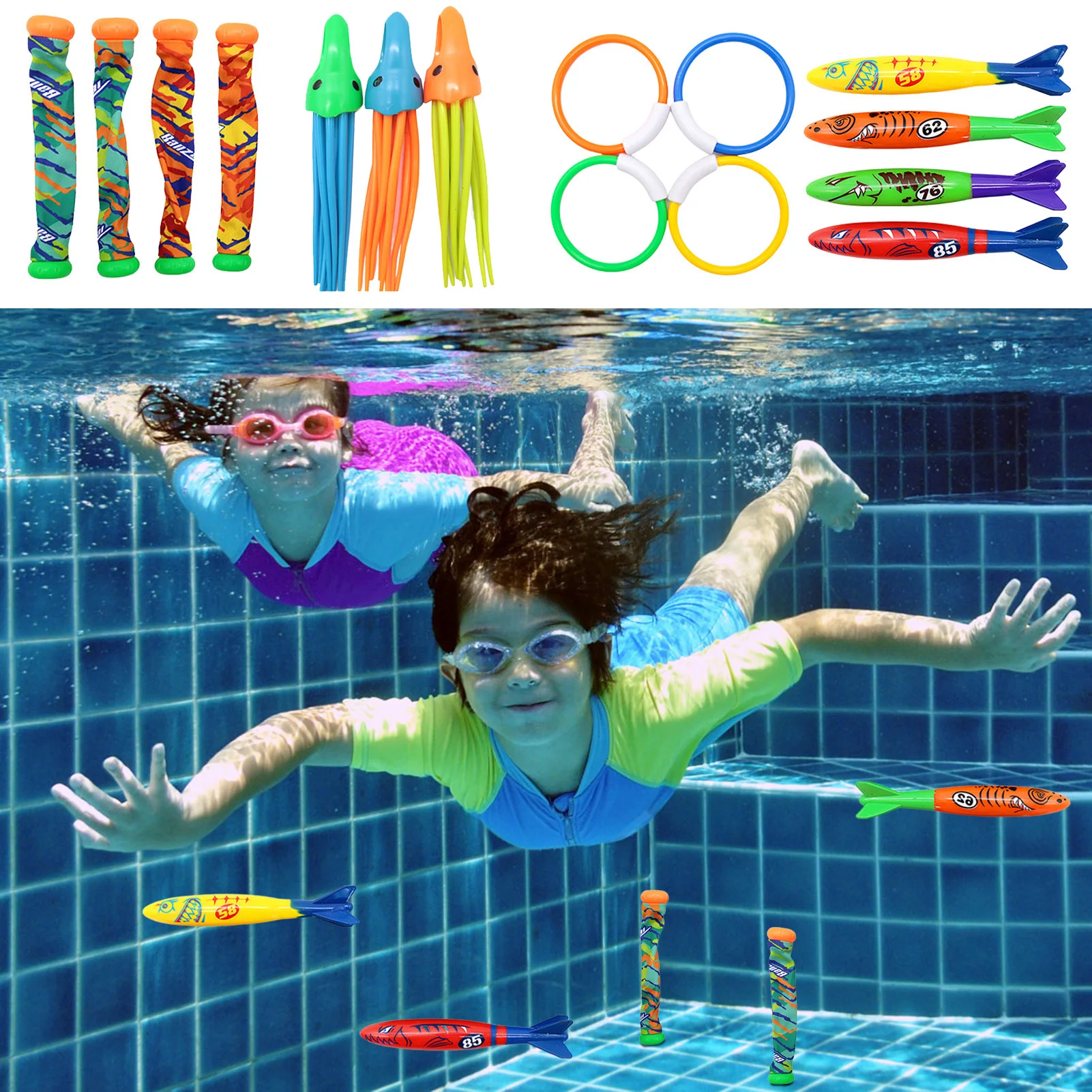 13/15/16/18/19pcs Kids Sports Pool Toys Ocean Plant Shape Diving Toys Diving Swimming Training Pool Kids Accessories