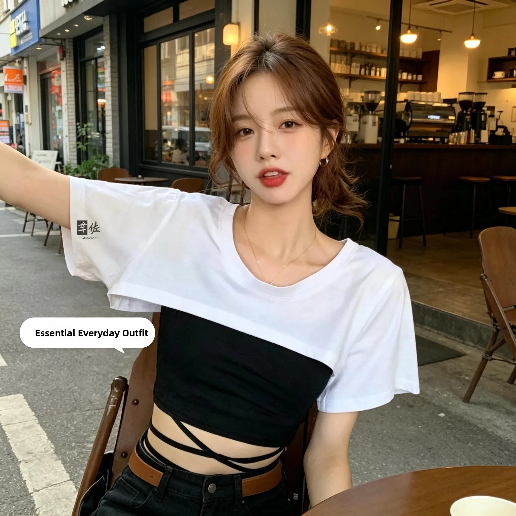 Summer Loose Women's T-shirt Shoulder Design Sensation Fake Sleeve Simple Gentle Style Versatile Cover up Casual Female Top