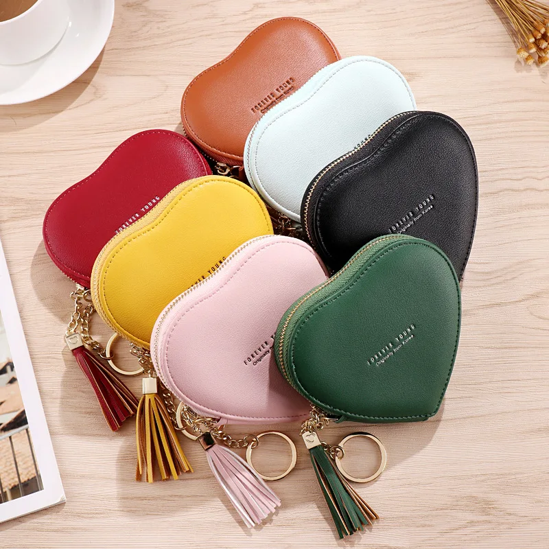 Fashion Heart Shaped Small Purses with Keychain PU Leather Women\'s Cute Mini Tassels Zipper Coin Wallets Money Bag Pouch