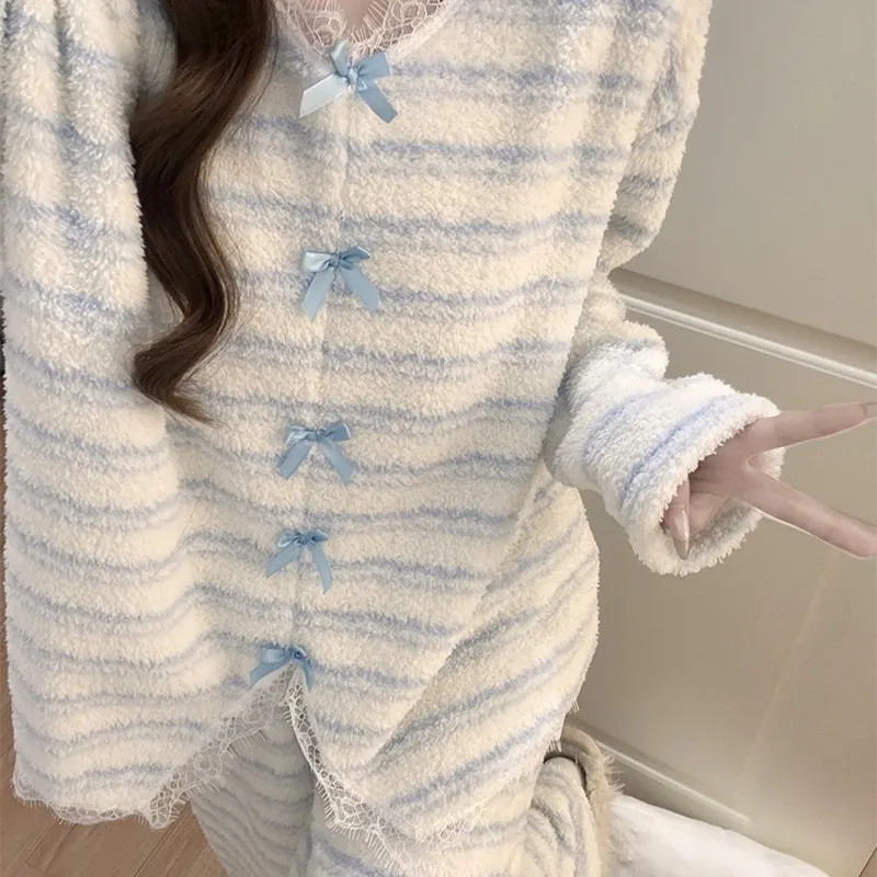 

Pjs Set Women's Pajama Set Women's Warm Winter Pajamas Fashionable Home Clothes, Pajamas Princess Wind Stripe Soft Pajama Set