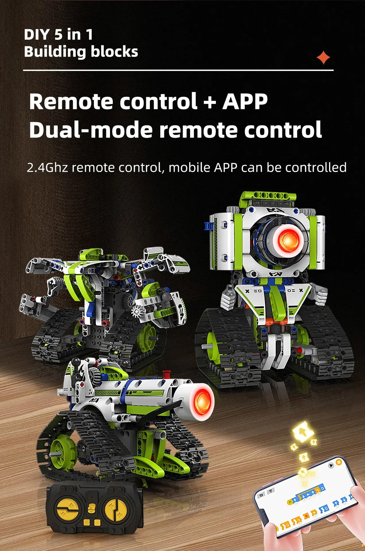 K96158 337PCS 5-in-1 Electric Remote Control Programmable Robot STEM Educational Coding Toy with Digital Display