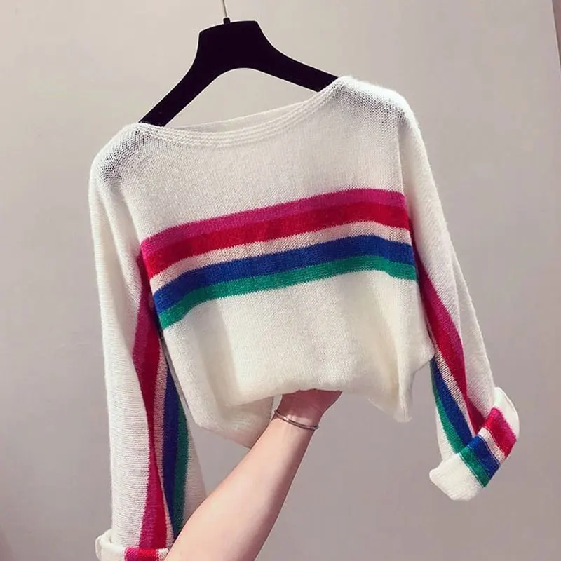 Women\'s Clothing Color Striped Jumpers Casual Loose Spring Summer Thin Round Neck Korean Long Sleeve All-match Knitted Sweaters