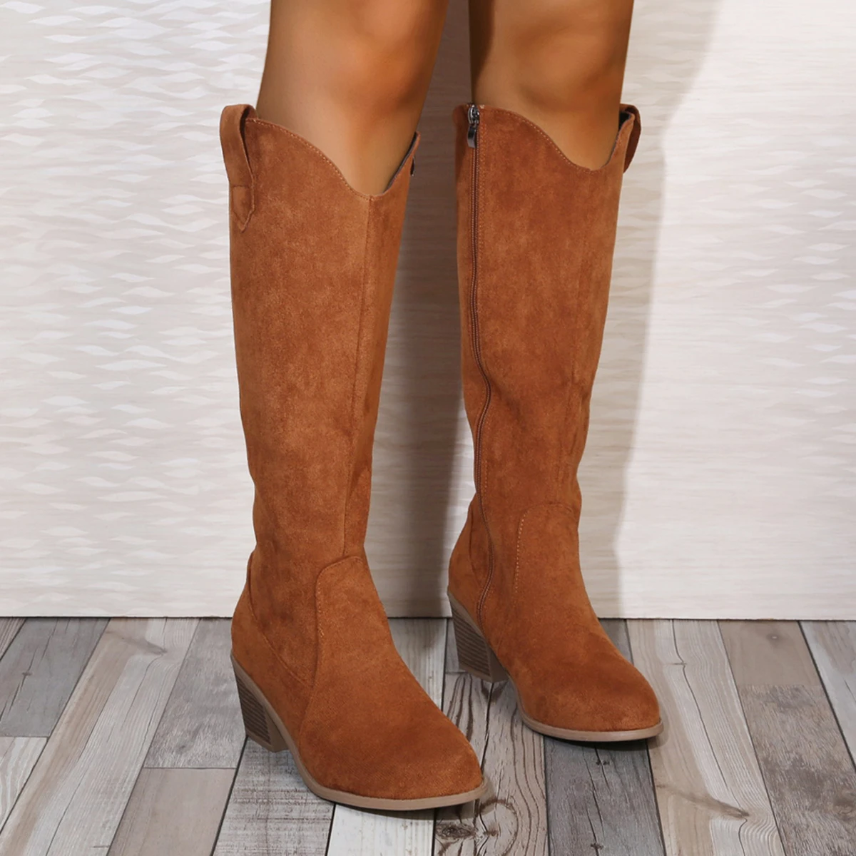 

Women Retro High Heels Boots Western Cowboy Chunky Shoes Winter New Warm Plush Leather Knee High Long Suede Boots size 36-43