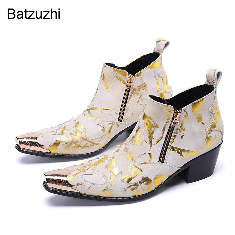 

Batzuzhi 6.5cm High Heels Men Boots Shoes Pointed Metal Toe Genuine Leather Ankle Boots Men Golden Party/Wedding Botas Hombre