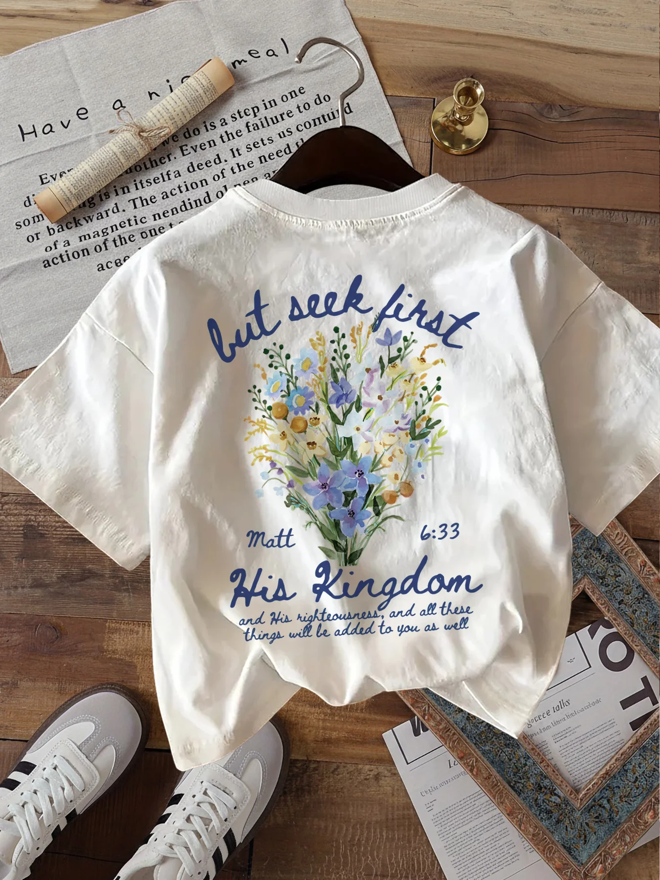 Women'S Casual Short Sleeve T-Shirt Watercolor Floral and Bible Verse Print Crew Neck Harajuku Sleeve Casual Aesthetic Clothe view 5