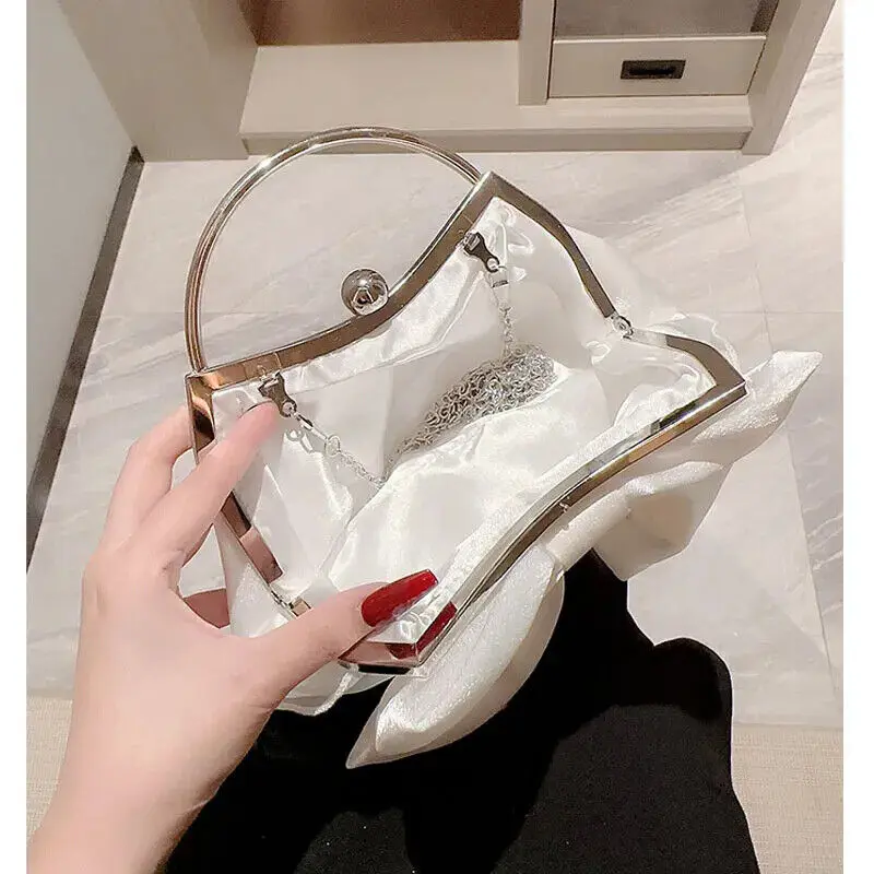 White Satin Bow Fairy Evening Bags Clutch Metal Handle Handbags for Women Wedding Party Bridal Clutches Purse Chain Shoulder Bag