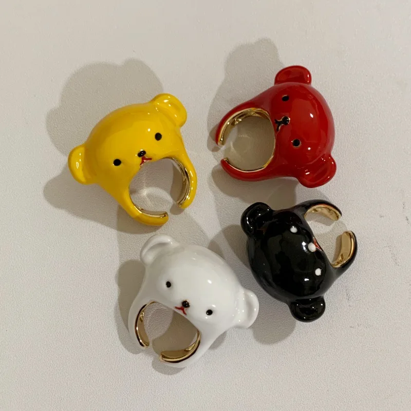 Cute Cartoon Chubby Colored Enamel Drip Oil Small Bear Open Rings for Women Sweet Cool Metal Texture Animal Ring Y2K  Jewelry