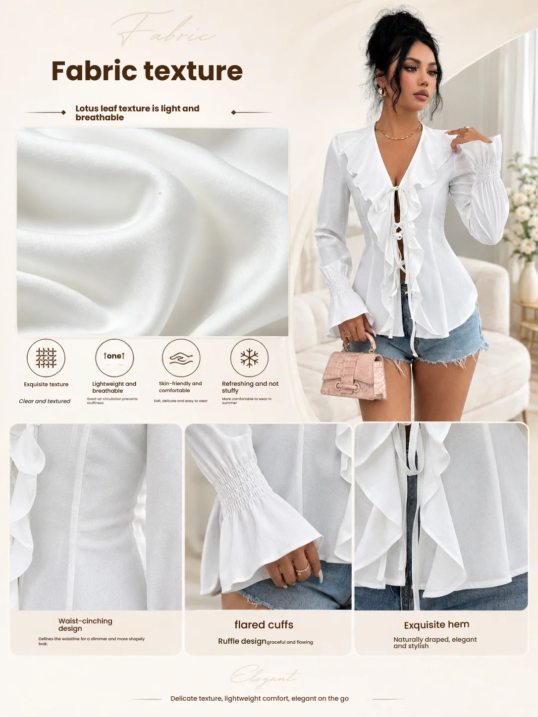 Y2K Women Ruffled Tie Front Shirt Elegant Deep V Neck Flared Long Sleeve Loose Fit Cardigan Cute Casual Daily Blouse - view 3