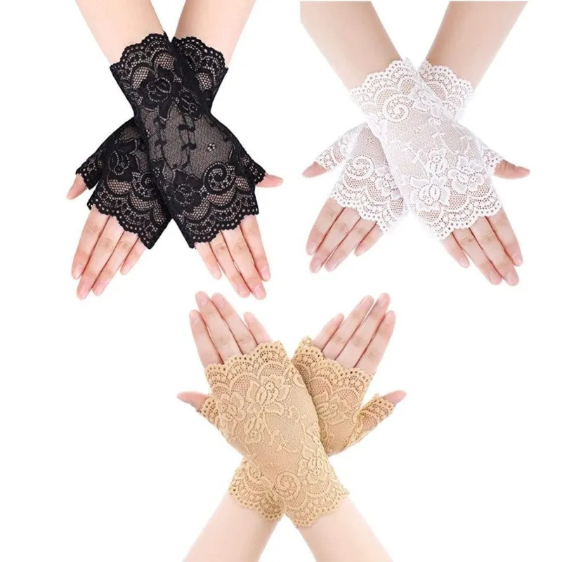 3 pairs Ice like hollow lace exposed finger sun protection gloves for women, thin and breathable driving decoration gloves