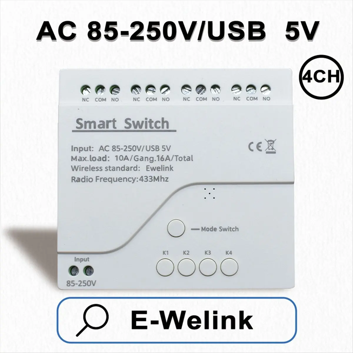 (AIMA) EWelink Smart Remote Control Wifi Switch Module 4CH AC 85-250V USB 5V Inching Self-Locking RF433 Receive 4 Way Relay