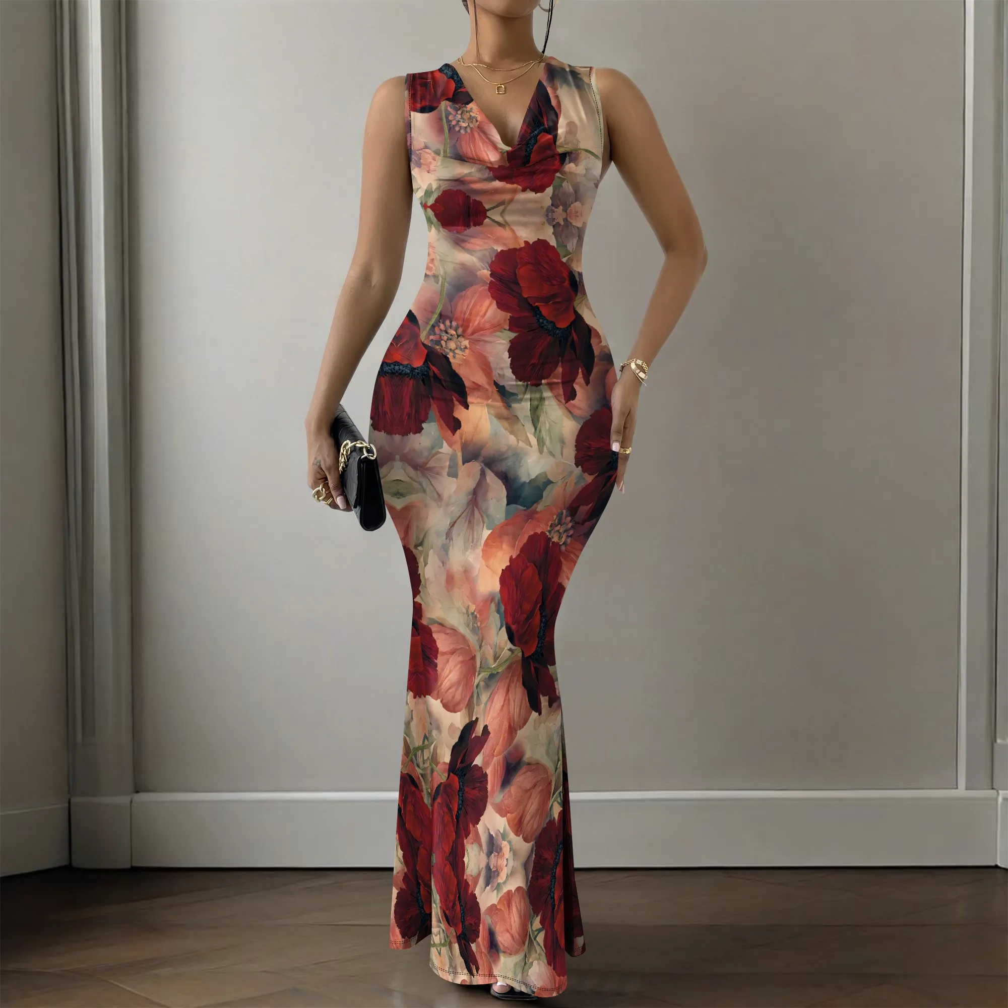 Vestido largo sin mangas con cuello en V para mujer Vestido de fiesta de noche elegante con estampado floral rosa vintage rojo