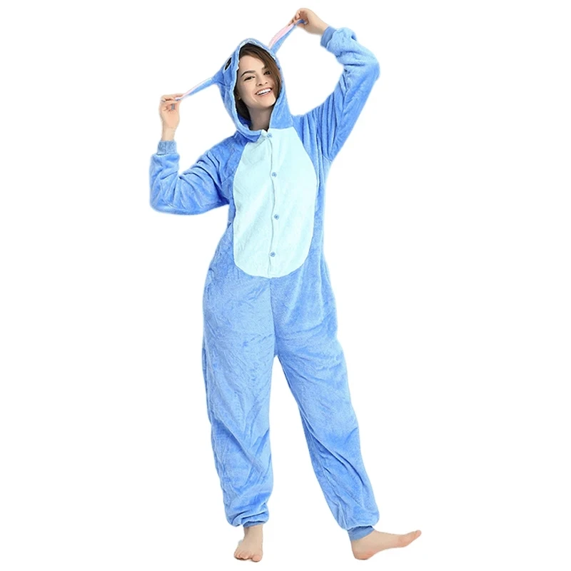 Adults Stitch Cosplay Pajamas Anime Stitch Angel Cute Costume Jumpsuit Pajamas Hooded Sleepwear Halloween Costume for Men Women