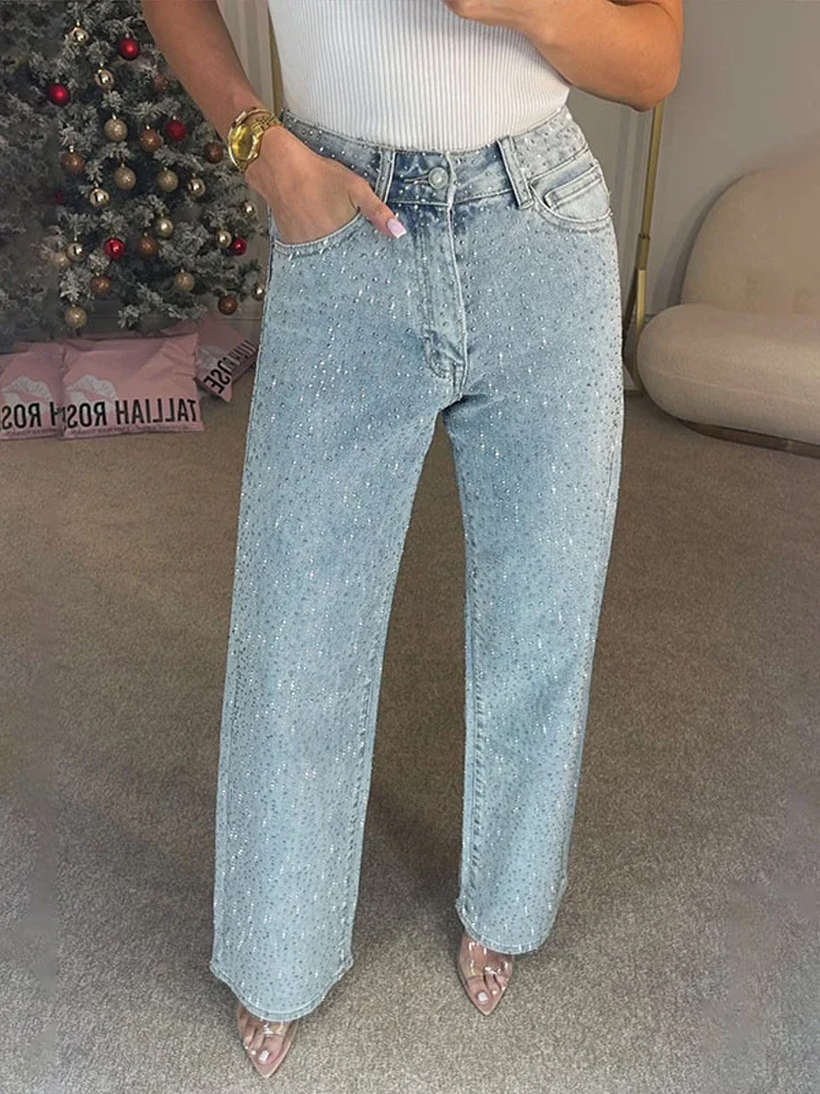 Y2k 女性光沢のあるラインストーンデニムパンツワイドレッグストレートフルダイヤモンドジーンズ女性のためのドラッグハイストリート生き抜くズボン