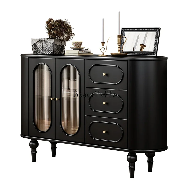 

Retro French solid wood bucket cabinet against the wall storage household bed end black antique storage cabinet