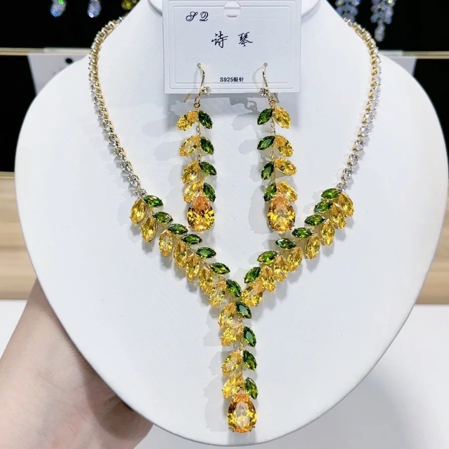 

Women Water Drop Wheat Ear Fashion Luxury Necklace Earrings Set Women Bride Necklace Earrings Wedding Gifts Choker Necklace