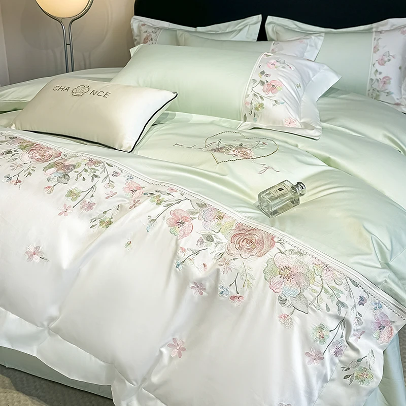 

100% хлопок, шикарные цветы, вышивка, роскошный комплект постельного белья размера «queen-size», пододеяльник, плоская/приталенная простыня, наволочки, 4 шт.
