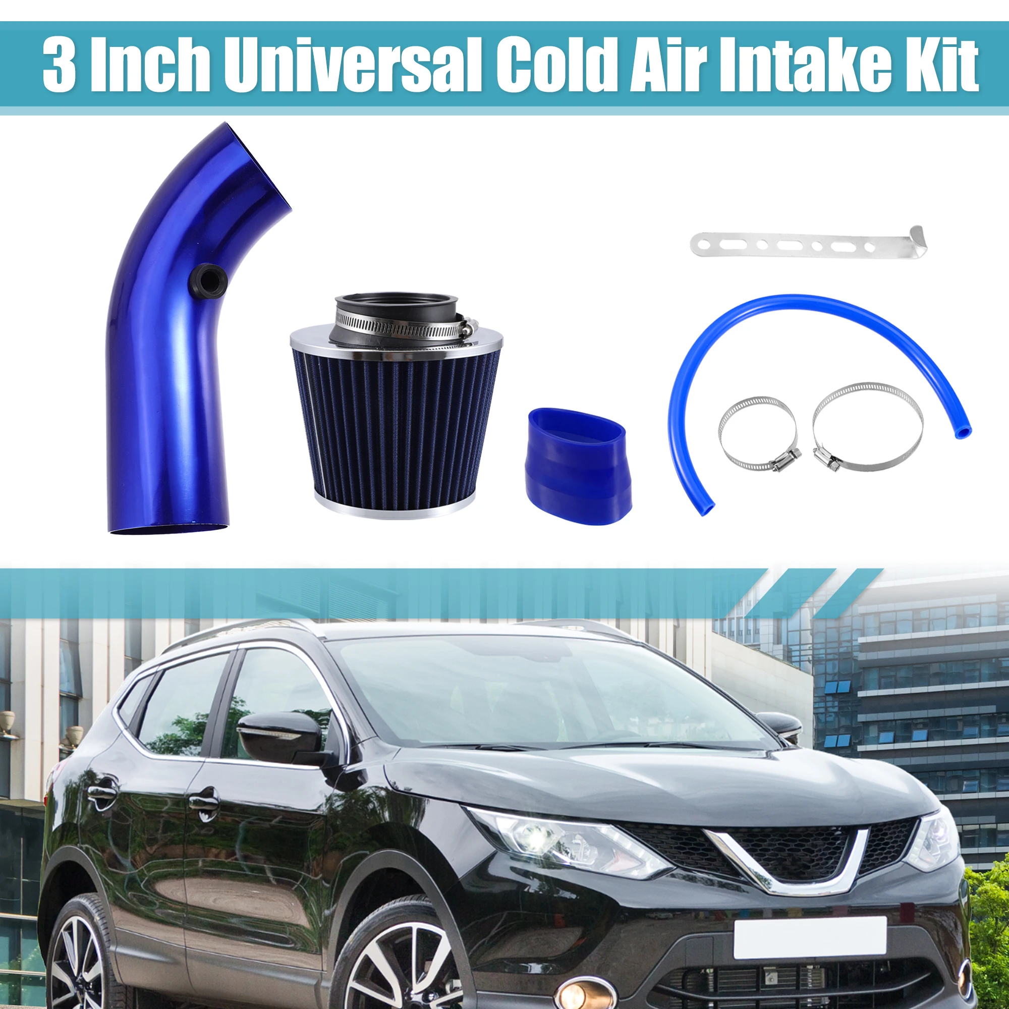 X Autohaux 1 Set 3 Inch Universal Cold Air Intake Induction Flow Hose Pipe with Air Filter Pipe Hose System Car Auto Part