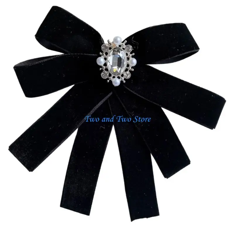 HX6F Uniform Bows Tie for Senior High School Girl Uniform Bows with Pearls Bowknot Crystal Preepy Look Adjustable Bowtie