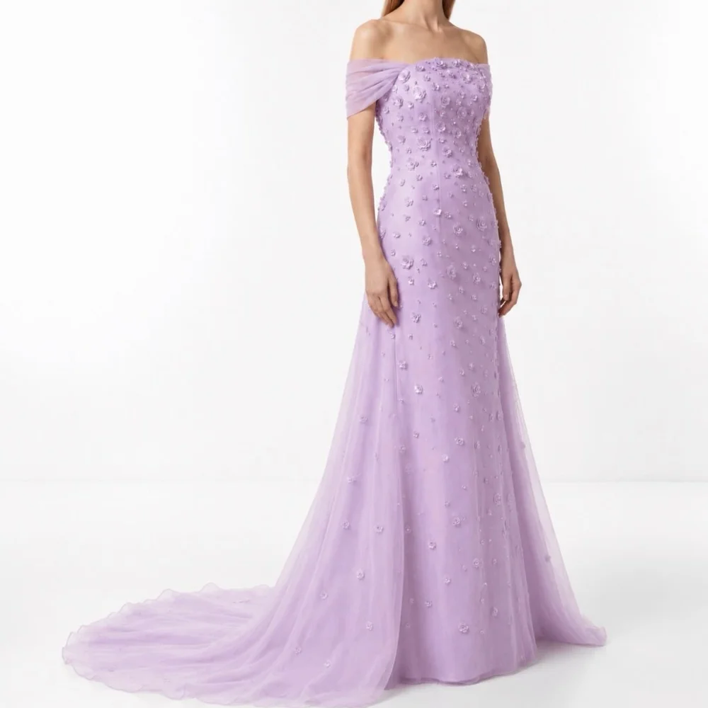 Customized Purple Tulle Intricate Sparkle Flower Beading A-line Off-the-shoulder Floor-Length Evening Dresses Sizes Available