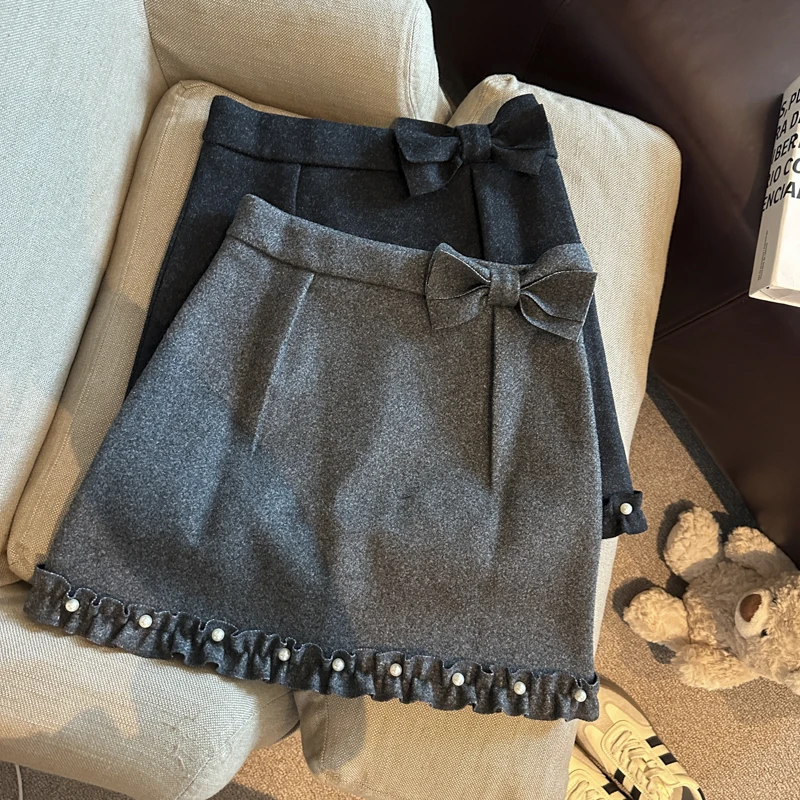 MEXZT Bow Woolen Mini Skirt Women Fashion Korean Pearl Patchwork Black Skirts Winter Elegant High Waist Design A Line Faldas New