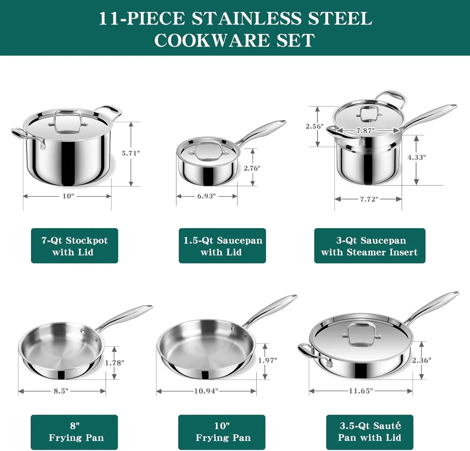 Stainless Steel Cookware Pots Pans Skillet Set Oven Dishwasher Safe Induction Compatible PFOA Free