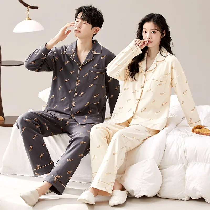 Youth Couple\'s Pajamas Autumn Cotton Soft Men and Women Matching Lounge Wear Lapel Cartoon Printed pijamas para parejas