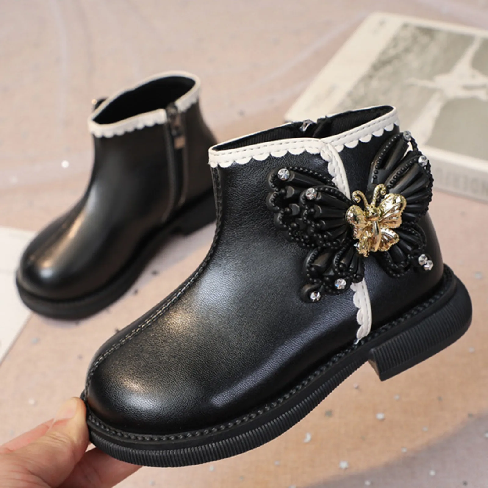 Autumn Winter Girls Ankle Boots Fashion Non-slip Quality Leather Short Boots Children Rhinestones Butterfly Fall Princess Boots