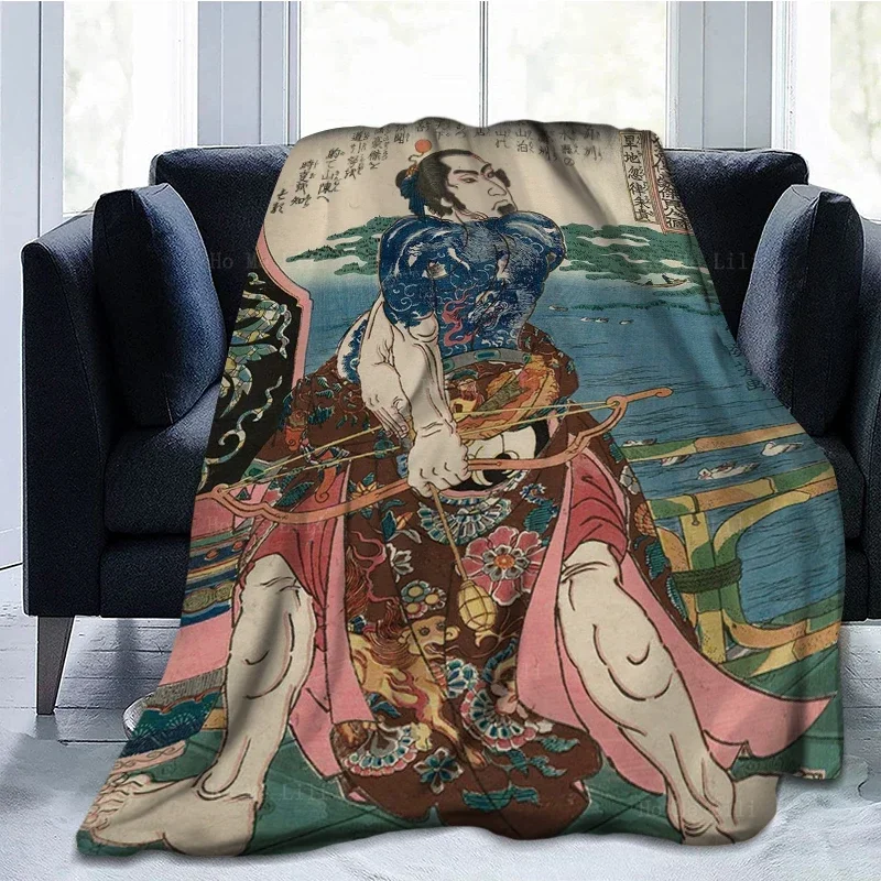 Japanese Samurai Theme Throw Blanket Sakura Duel Ukiyoe Tattoos Asian Style Soft Flannel Blanket for Bed Sofa Home Decor Gifts