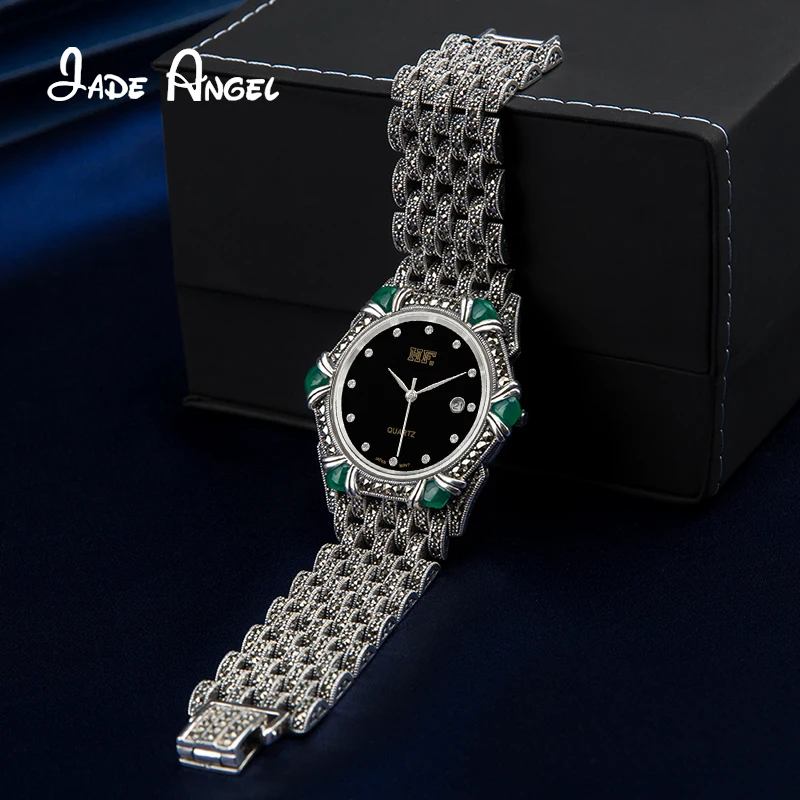 JADE ANGEL 925 Sterling Silver Inlaid Green Onyx Bracelet Ladies Vintage Watch Bracelet High Jewelry