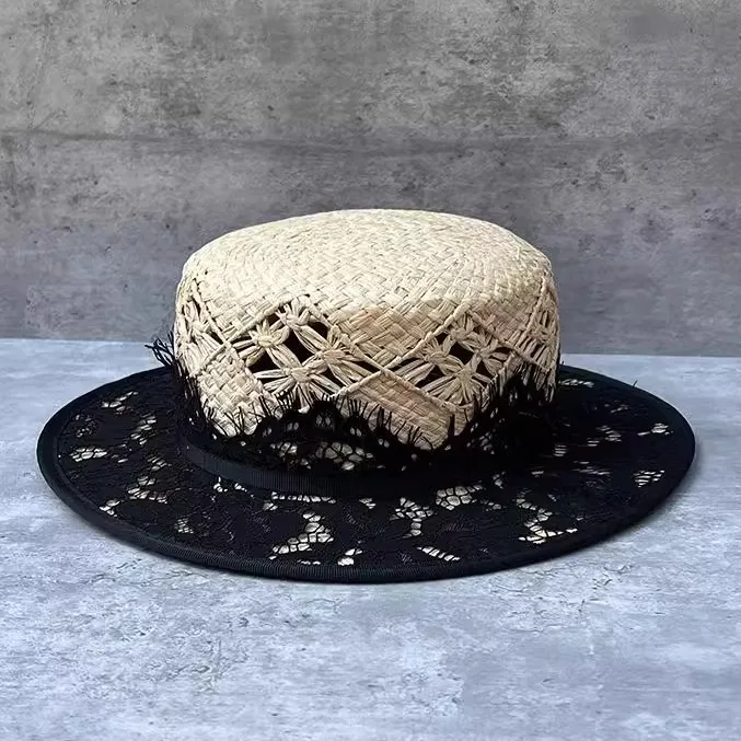 手作りラフィア麦わら帽子-レディース-フレンチレトロ-ボーターハット-フラットトップ-レースリボンキャップ-ヘップバーンスタイル-ビーチ-旅行-日よけ帽子