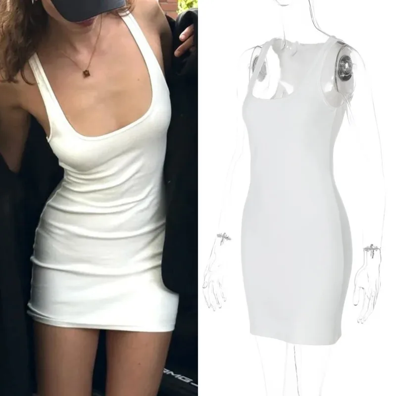 

Women Summer U Neck Bodycon Mini Dress Sexy Sleeveless Solid Color Slim Fit Tank Style Tight Hip Short Dress Fashion Streetwear