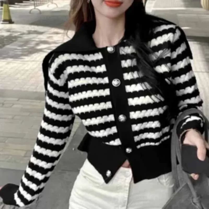

New Navy Collar Temperament Striped Knitted Versatile Casual Sweater Coat Knitted Cardigan Soft Sticky Women