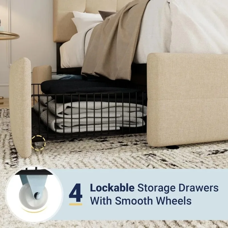 الأثاث. إطار سرير بمنصة كوين منجد بتصميم مبتكر مع 4 أدراج تخزين ولوح رأسي، ومؤخرة مربعة مخيطة