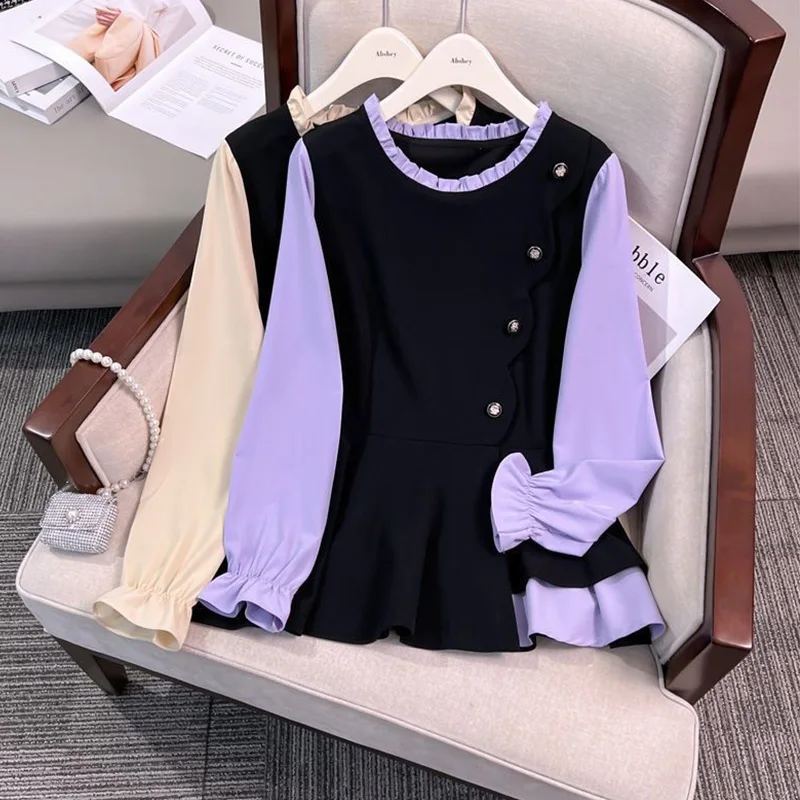 2024 New Summer Elegant Fashion Simplicity Loose Casual Office Lady Women\'s Shirt Splicing Bell Sleeve O Neck Long Sleeve Tops