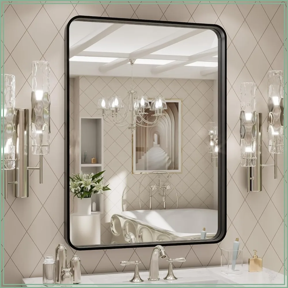 LOAAO 24x32 Inch Black Metal Framed Bathroom Mirror Wall Mounted Vanity Mirror for Bathroom Bedroom