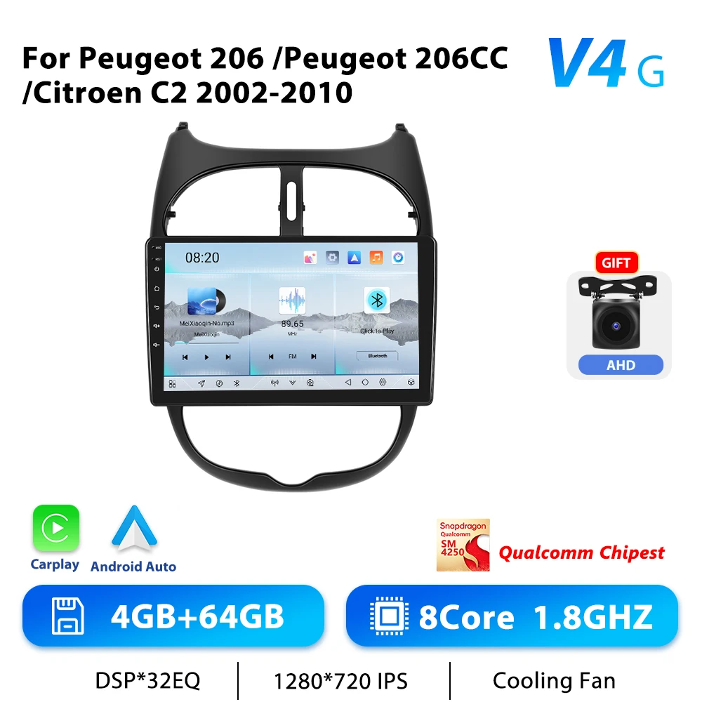 Podofo 9 "Autoradio Draadloze CarPlay Android Radio Voor Peugeot 206 206CC Citroen C2 2002-2010 Multimedia GPS Ontvanger Autoradio