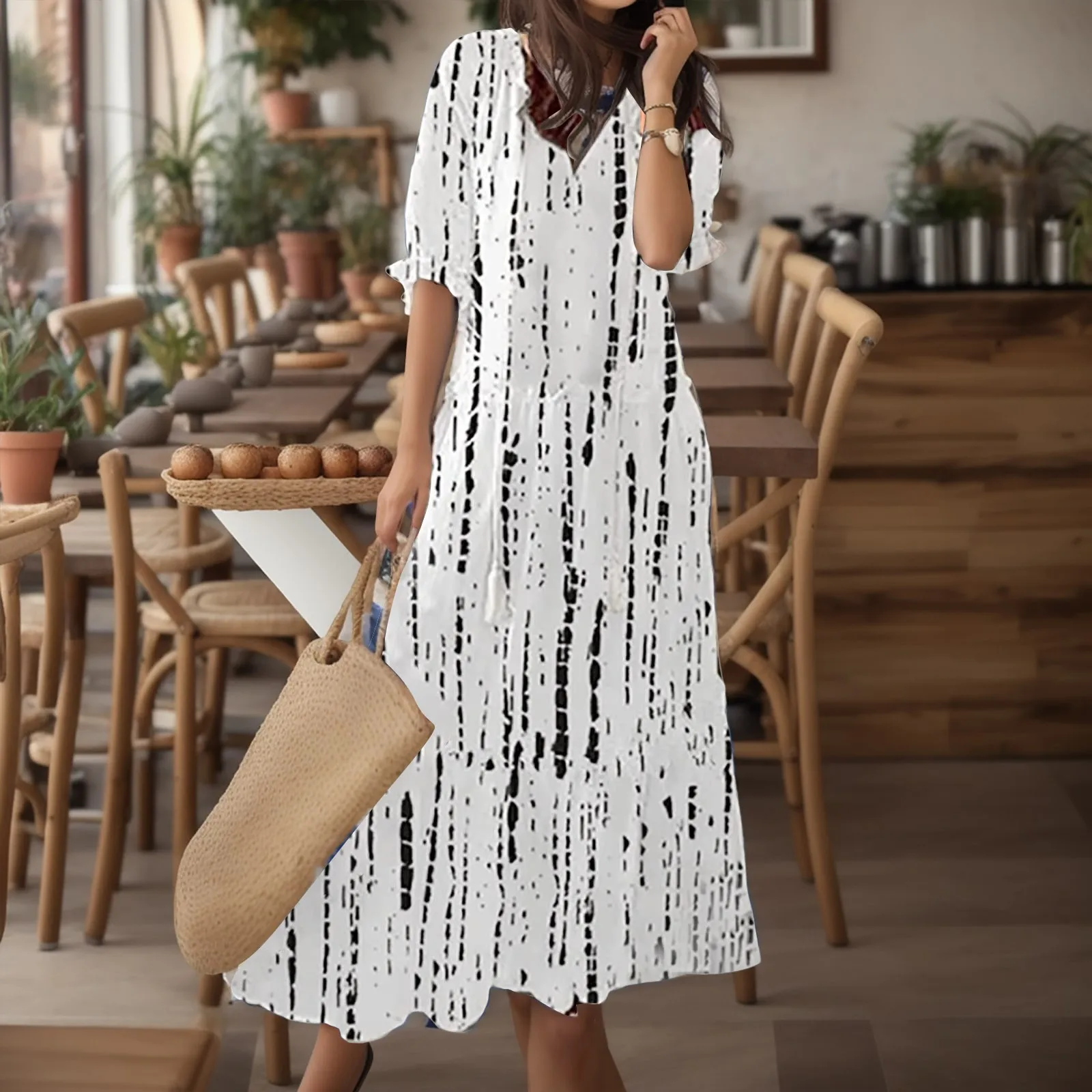 

Women Print Long Dress Retro V Neck Half Sleeve Dress Casual Boho Drawstring Loose Holiday Beach Maxi Dress Vestidos Femme 2023